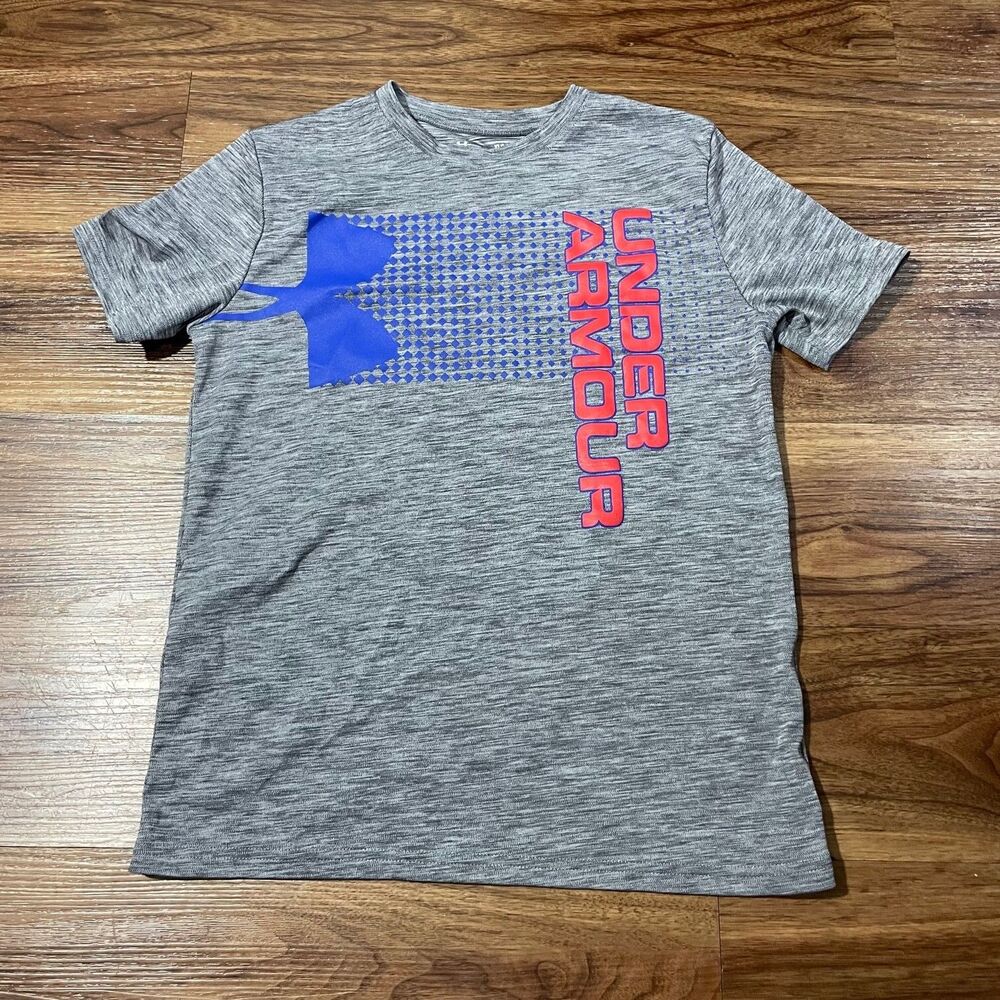 Under Armour Heat Gear Loose Fit T-Shirt Short Sleeve Logo Gray Boys Size Large